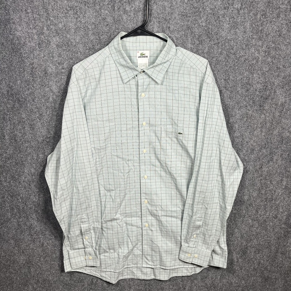 Lacoste Mens Button Up Dress Shirt 44 XL Green Houndstooth Check Long Sleeve